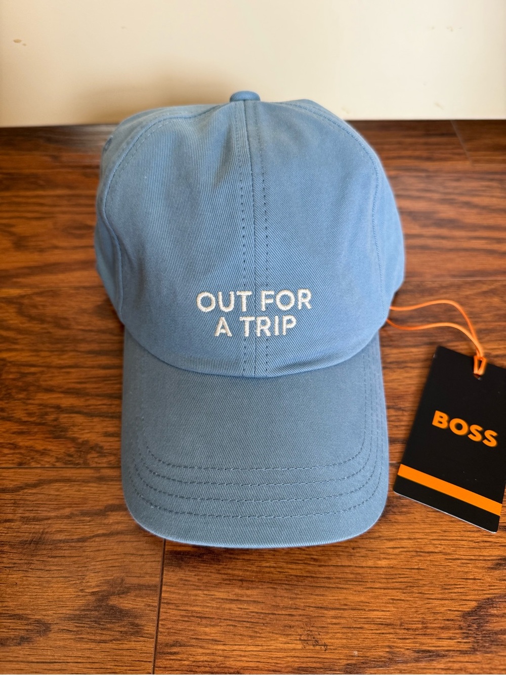 NWT Hugo Boss Derrel-Slogan Blue Cotton Baseball Cap Out For A Trip Hat OSFM